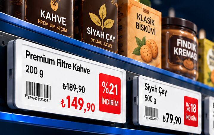 Market rafında FI Teknoloji elektronik raf etiketleri
